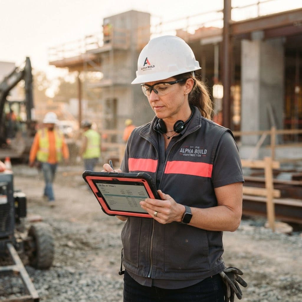 HVAC technician at Apex Air checking a scheduled job on a rugged tablet at a job site