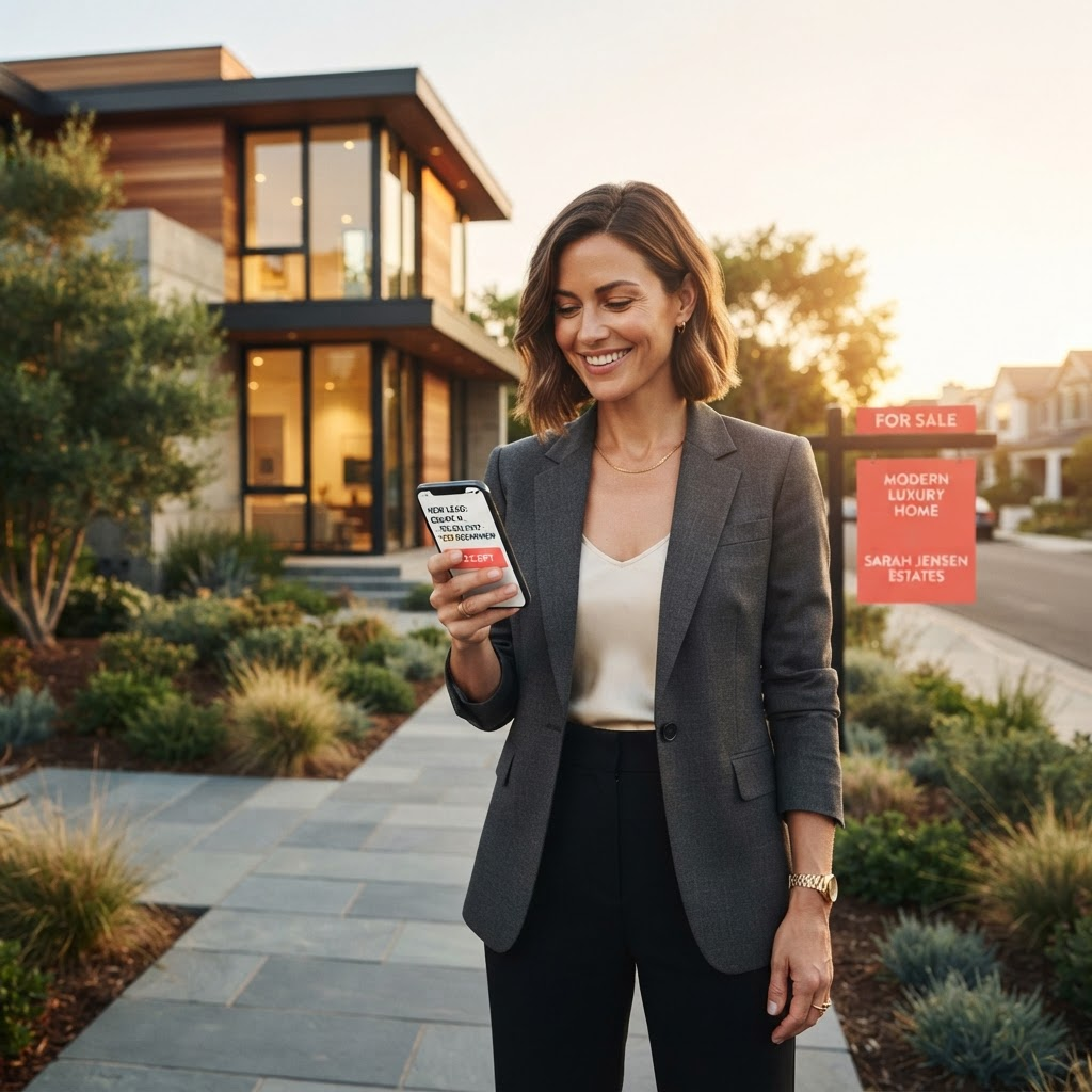Real estate agent from Coastal Realty Group checking a lead notification outside a listing