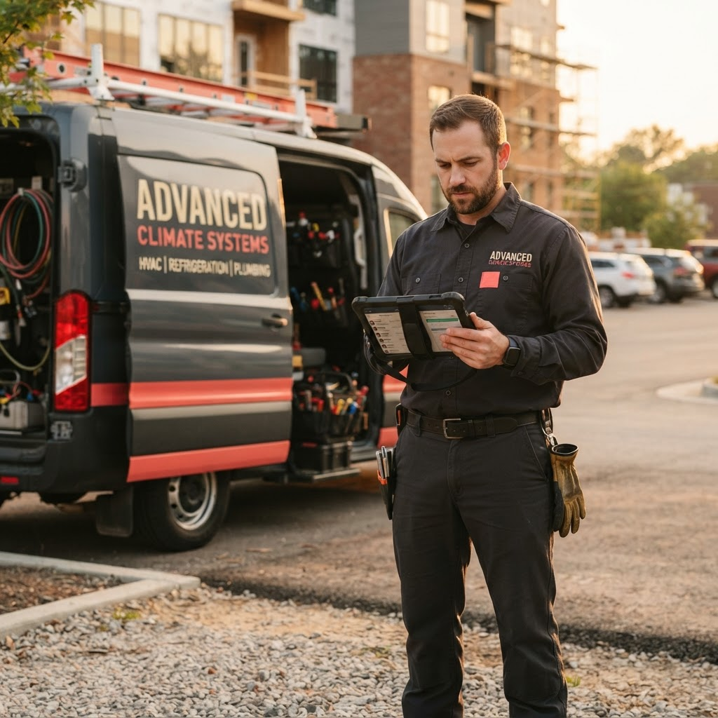 An HVAC technician checking a scheduled job on a tablet beside a service van