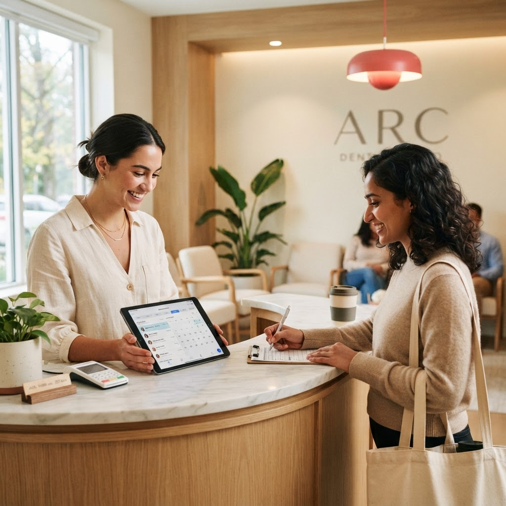 A front desk coordinator at a modern dental practice checking a patient in using a tablet